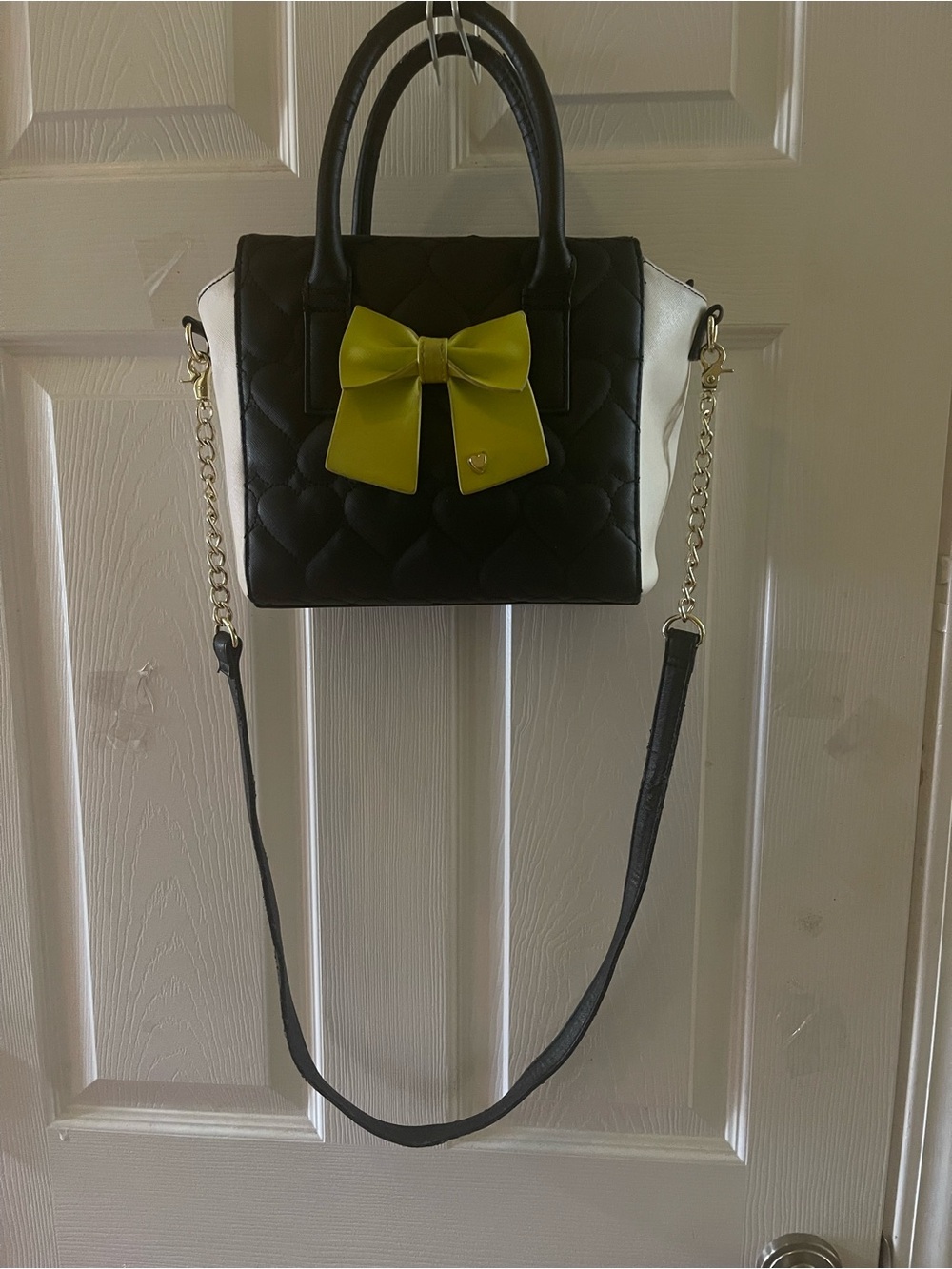 Betsey Johnson Black & White Quilted Satchel with Green Bow Accent